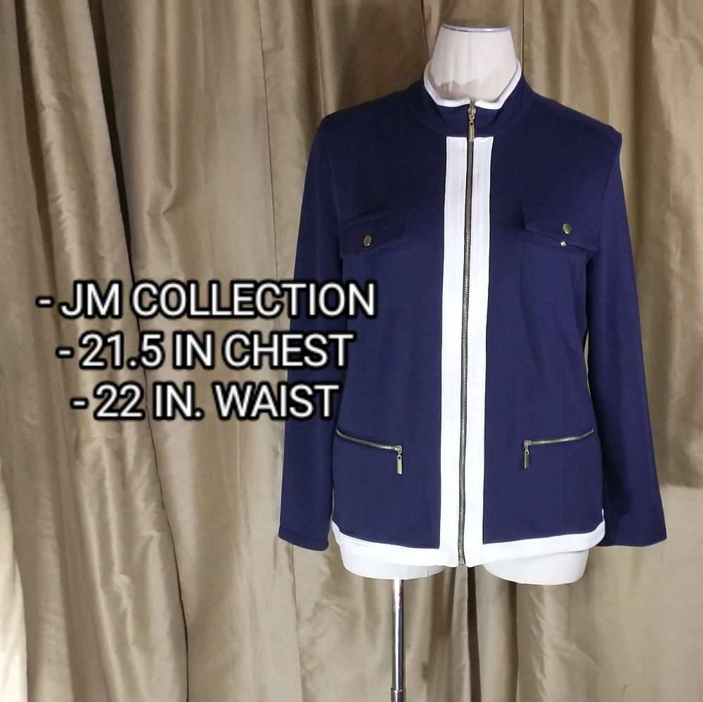 *SOLD* JM Collection Navy & White Zip Jacket. Size XL.